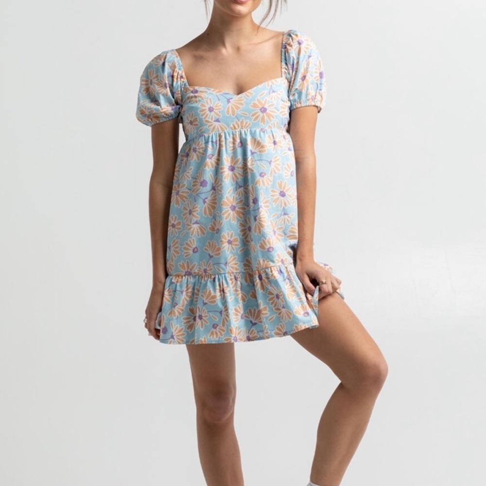 RSQ Blue Orange Daisy Floral Puff Sleeve Babydoll Dress XXS
